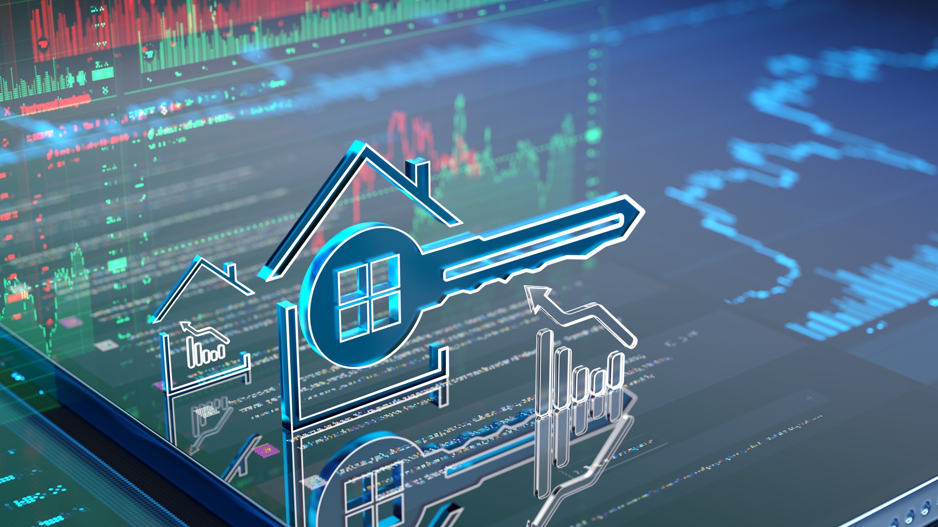 Real estate growth, business, trends, graphs and charts. Houses on digital graph. House key icon. A vibrant digital backgound depicting real estate growth, business trends, and market analysis.