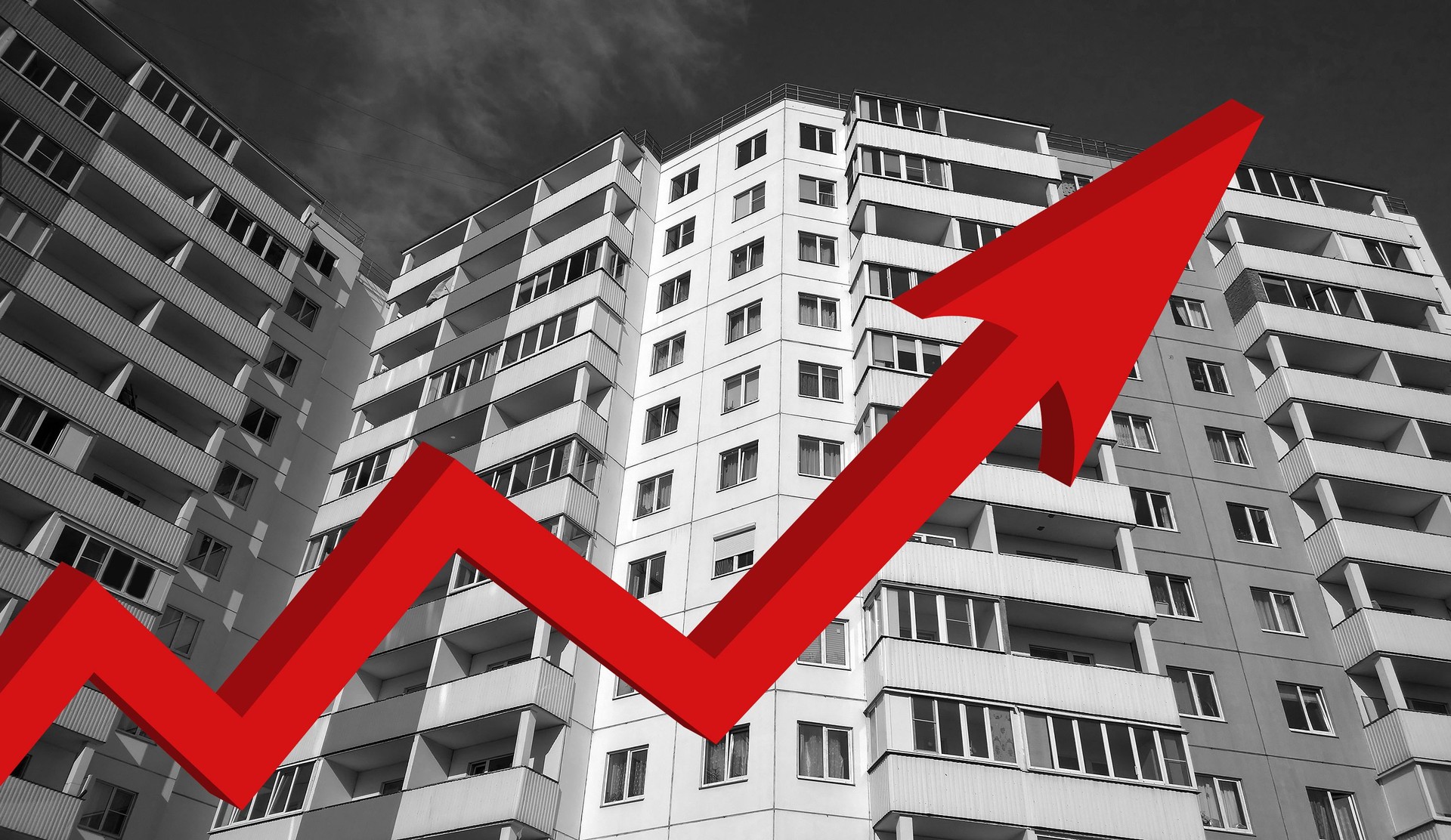 Red growing up large arrow on residential building monochrome background. Rising prices for purchase, sale and rental of real estate. Flat. Bar chart and graph. Interest Rate Increases. Apartment.
